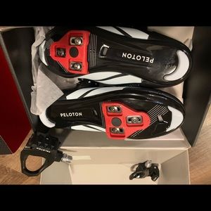 Peloton size 42 biking shoes and pedals.  Never worn-I switched to SPD pedals.